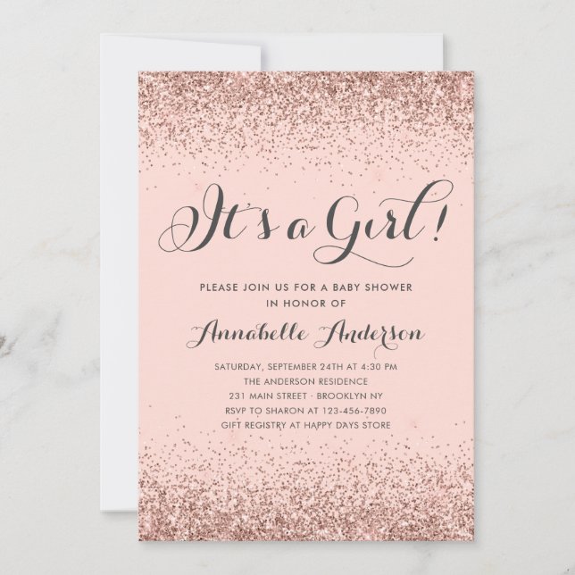 Rose Gold Glitzer Confetti Pink Girl Babydusche Einladung (Vorderseite)