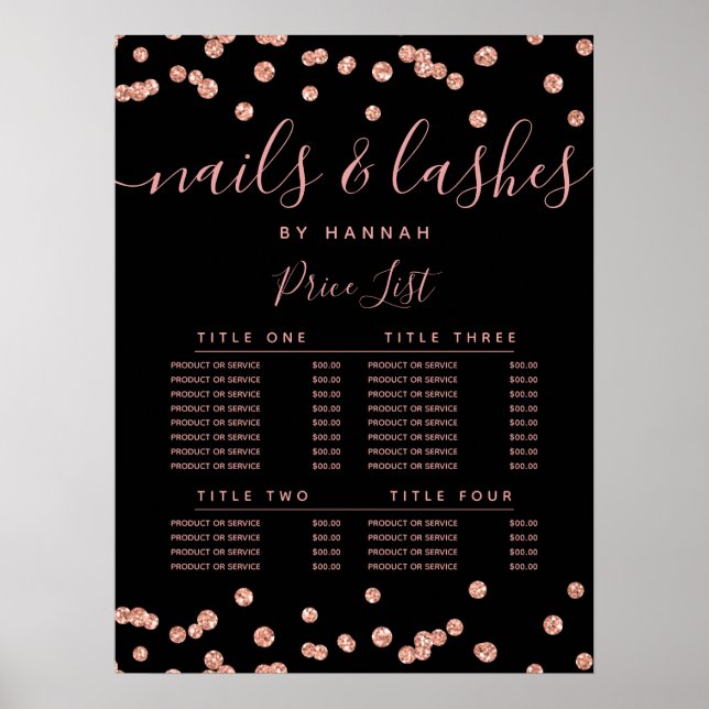 Rose Gold Glitzer Confetti Salon Preismenü Schwarz Poster (Vorne)