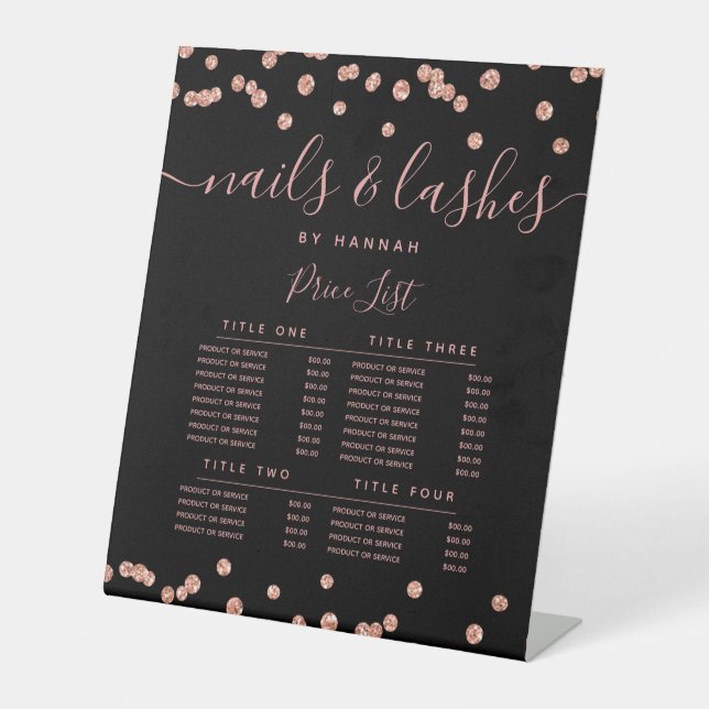 Rose Gold Glitzer Confetti Salon Preismenü Schwarz Sockelschild (Vorderseite)