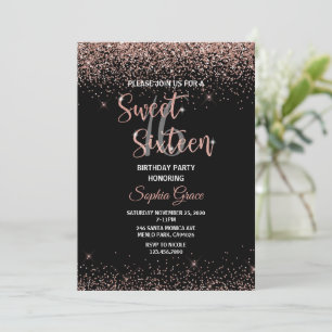 Rose Gold Glitzer Confetti Schwarz Sweet 16 Geburt Einladung