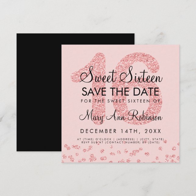 Rose Gold Glitzer Confetti Sweet 16 Einladung (Vorne/Hinten)