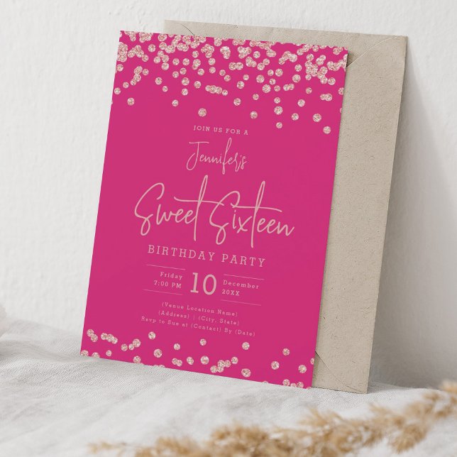 Rose Gold Glitzer Confetti Sweet 16 Hot Pink Einladung (Von Creator hochgeladen)
