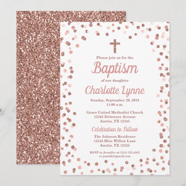 Rose Gold Glitzer Confetti Taufe Einladung (Vorne/Hinten)