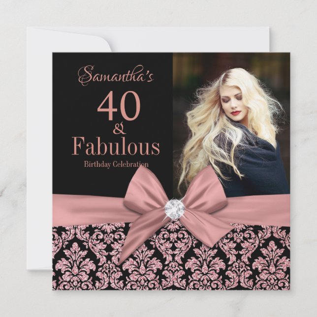Rose Gold Glitzer Damask 40. Geburtstag Einladung (Vorderseite)