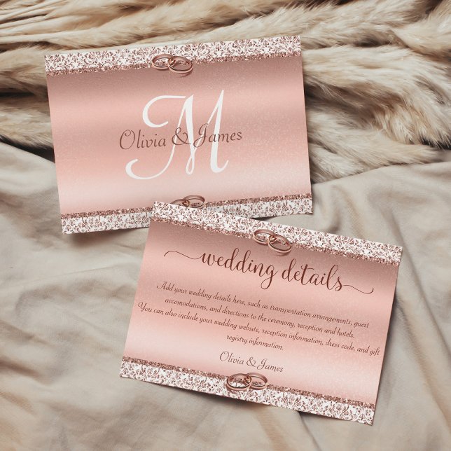 Rose Gold Glitzer Damask Hochzeitdetails Begleitkarte (Von Creator hochgeladen)