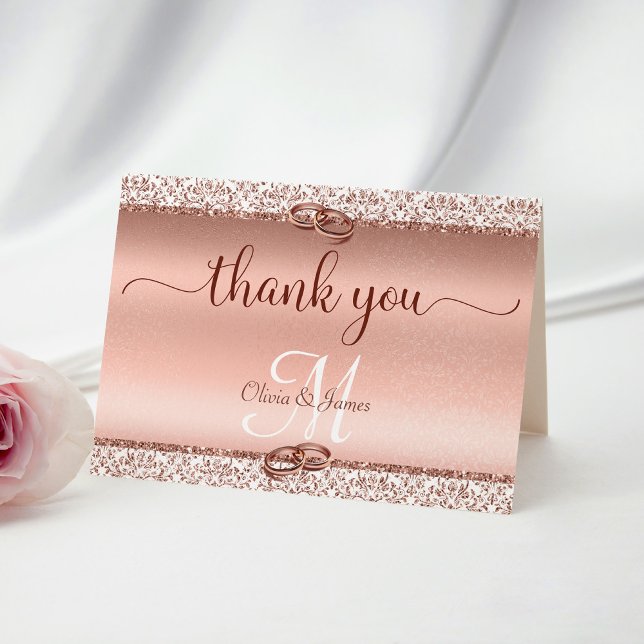 Rose Gold Glitzer Damask Metallic Wedding Dankeskarte (Von Creator hochgeladen)