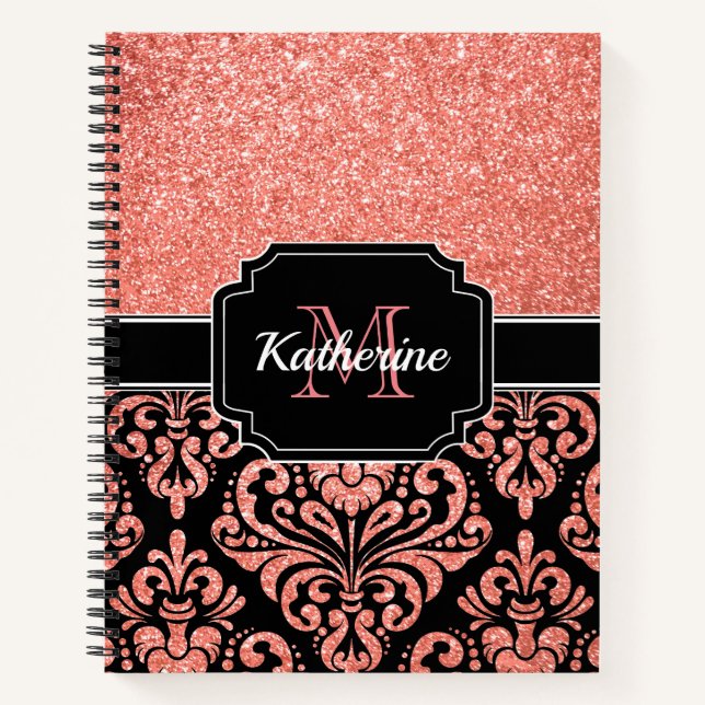 Rose Gold Glitzer Damask Notizbuch (Vorderseite)