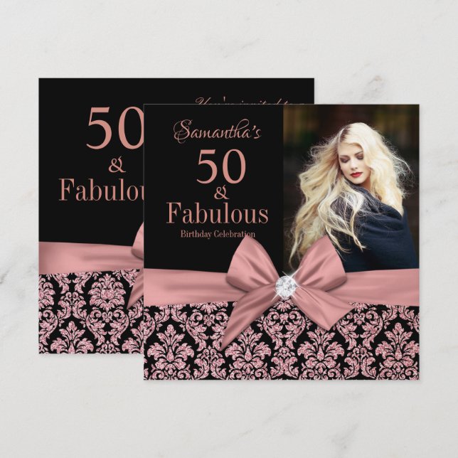 Rose Gold Glitzer Damaskus 50. Geburtstag Einladun Einladung (Vorne/Hinten)
