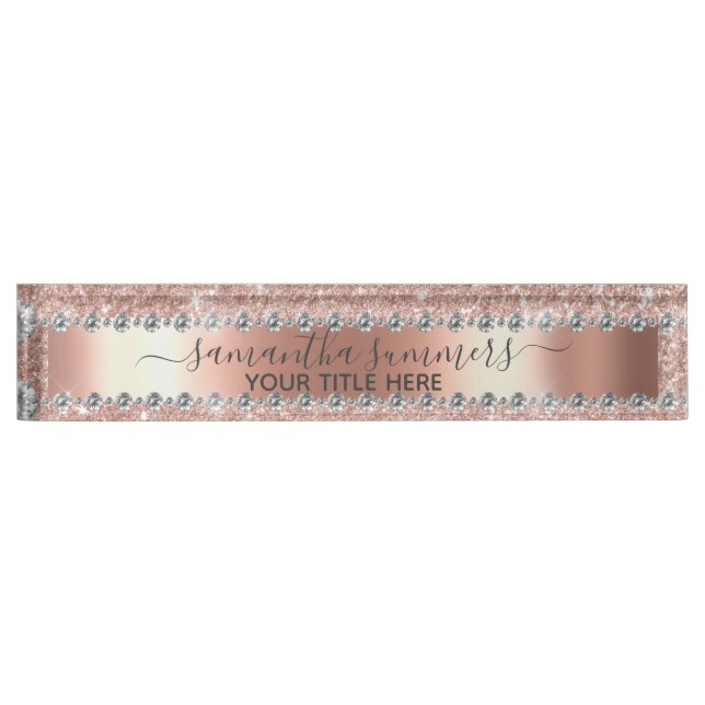 Rose Gold Glitzer Diamond Look Handschriftlich Namensplakette (Vorderseite)