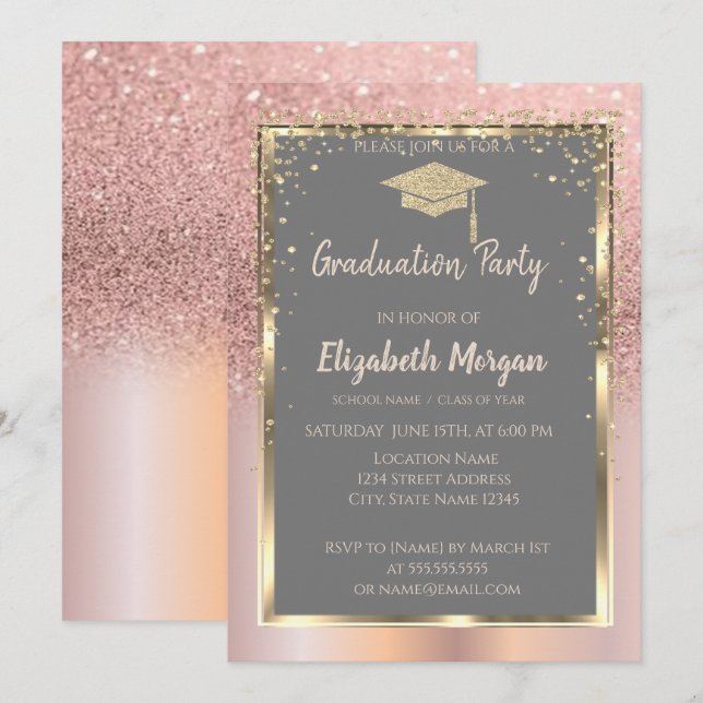 Rose Gold Glitzer Diamonds Abschluss Einladung (Vorne/Hinten)