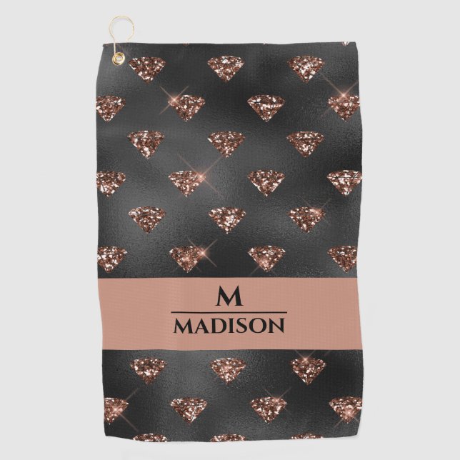 Rose Gold Glitzer Diamonds auf Black Monogram Golfhandtuch (Vorderseite)