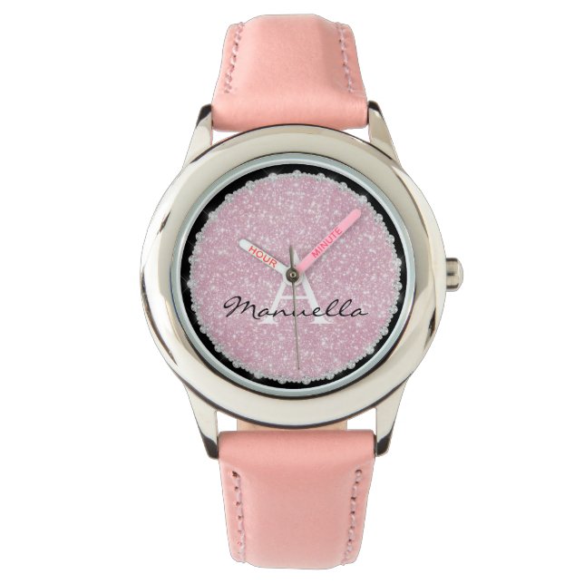 Rose Gold Glitzer & Diamonds Monogram Girl Pink Armbanduhr (Vorderseite)