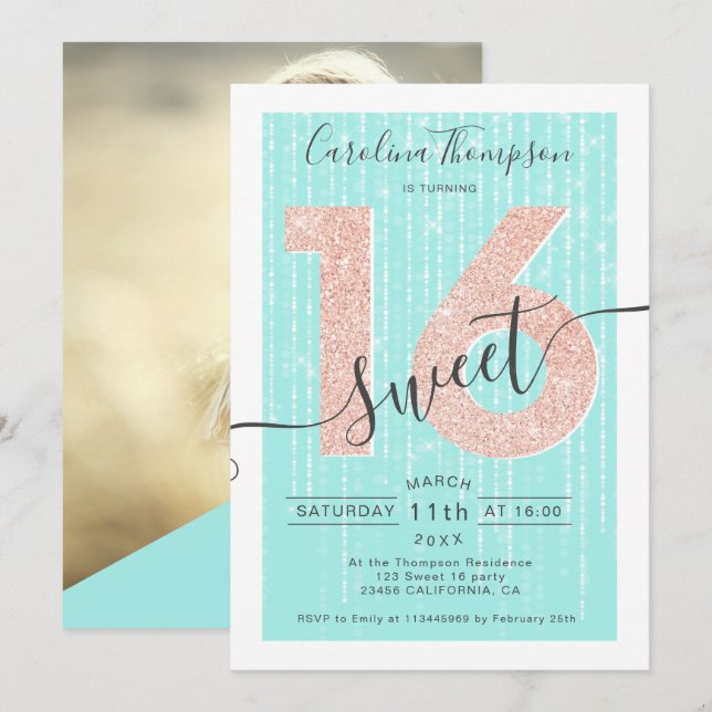 Rose Gold Glitzer Drehbuch aquamarin leicht Sweet  Einladung (Vorne/Hinten)