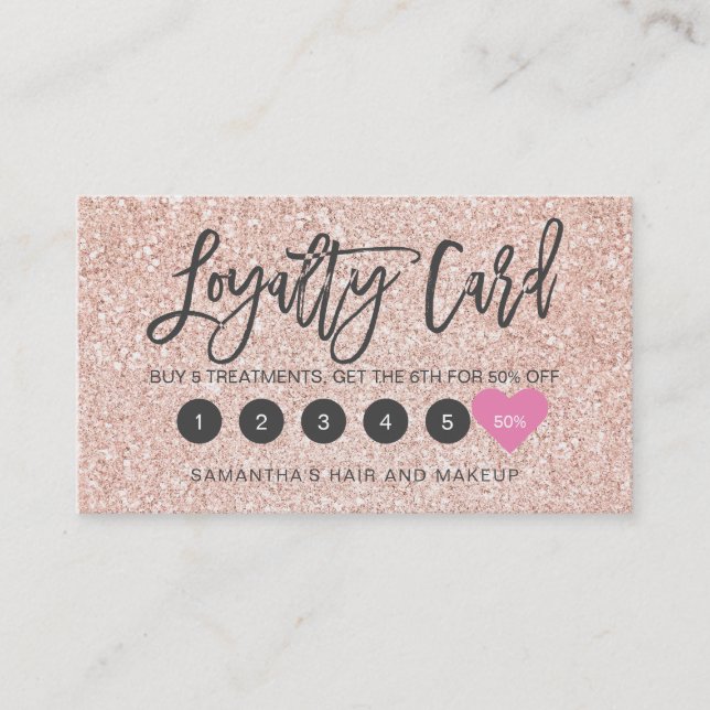 Rose Gold Glitzer Drehbuch Haar rosa Herz Treuekarte (Vorderseite)