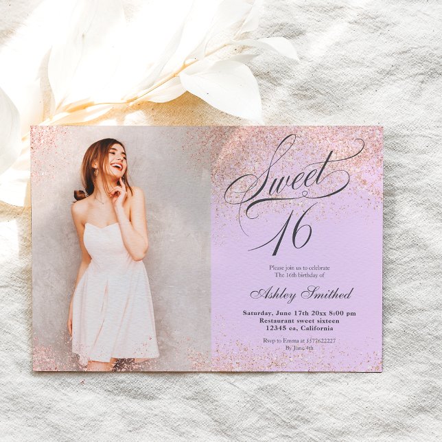 Rose Gold Glitzer Drehbuch Lavendel Foto Sweet 16 Einladung (Von Creator hochgeladen)