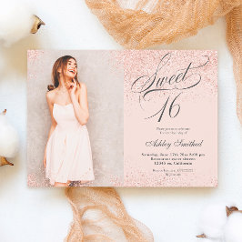 Rose Gold Glitzer Drehbuch rot Rosa Foto Sweet 16 Einladung