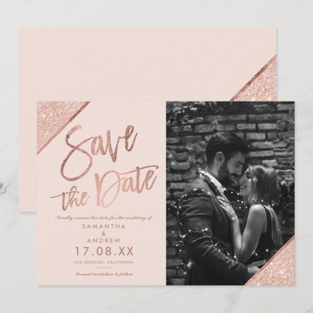 Rose Gold Glitzer Drehbuch rot Rosa Save the Date (Vorne/Hinten)