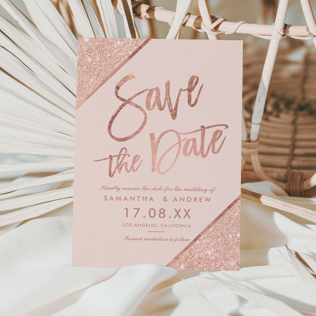 Rose Gold Glitzer Drehbuch rot Rosa Save the Date Ankündigungspostkarte (Von Creator hochgeladen)