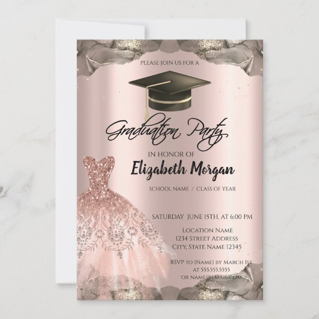Rose Gold Glitzer Dress Black Grad Cap Abschluss Einladung (Vorderseite)