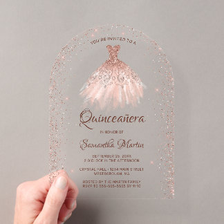 Rose Gold Glitzer Dress Quinceñera Party Acryleinladungen