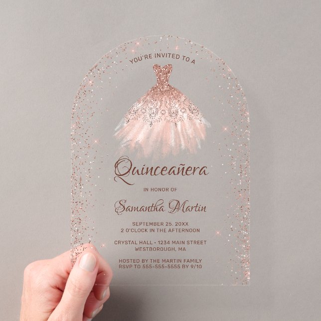 Rose Gold Glitzer Dress Quinceñera Party Acryleinladungen (Insitu (Handheld))
