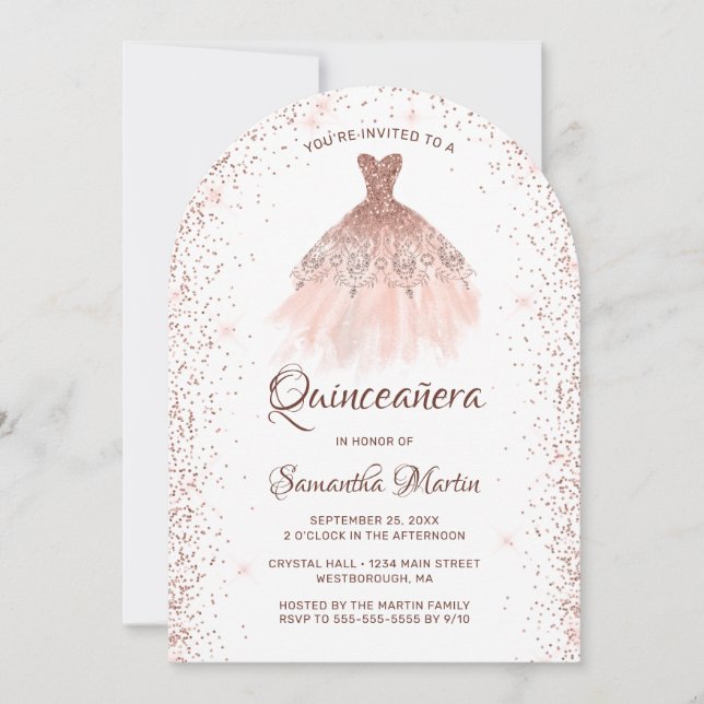Rose Gold Glitzer Dress Quinceñera Party Einladung (Vorderseite)