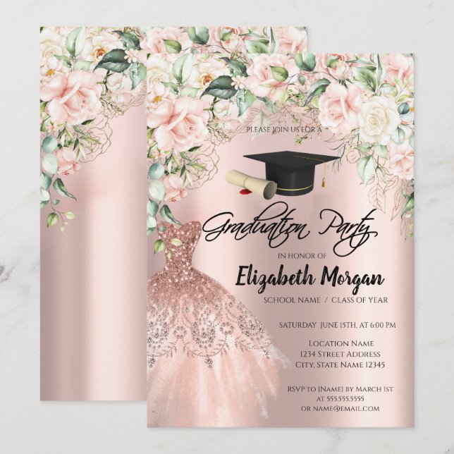Rose Gold Glitzer Dress Rose Grad Cap Abschluss Einladung (Vorne/Hinten)