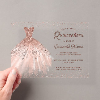 Rose Gold Glitzer Dress Script Quinceañera Party Acryleinladungen