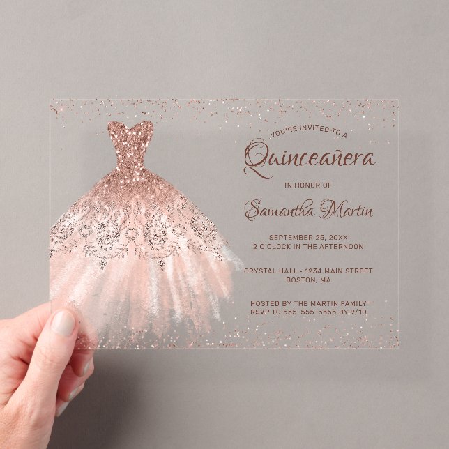 Rose Gold Glitzer Dress Script Quinceañera Party Acryleinladungen (Insitu (Handheld))