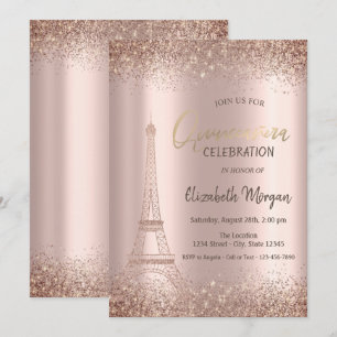 Rose Gold Glitzer Eiffel Confetti Quinceañera Einladung