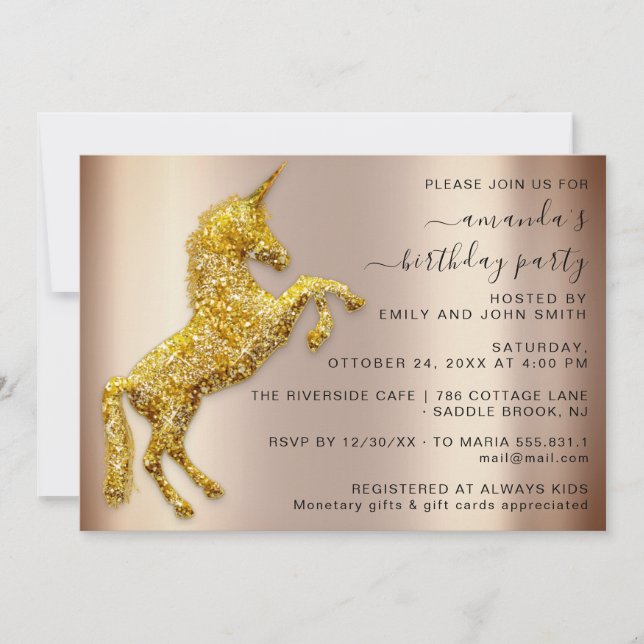 Rose Gold Glitzer Einhorn Einladung (Vorderseite)