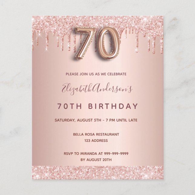 Rose Gold Glitzer Einladung zum 70. Geburtstag Flyer (Vorne)