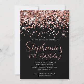 Rose Gold Glitzer Elegant 40. Geburtstag Schwarz Einladung
