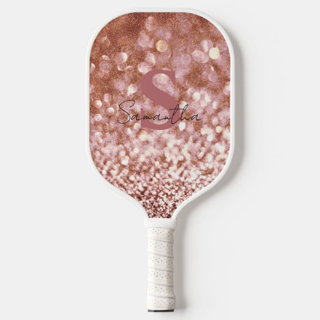 Rose Gold Glitzer elegant mit Monogramm Pickleball Schläger (Vorderseite)