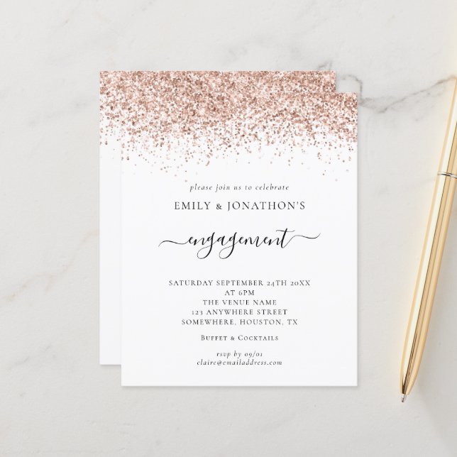 Rose Gold Glitzer Engagement Party einladen (Vorderseite/Rückseite Beispiel)