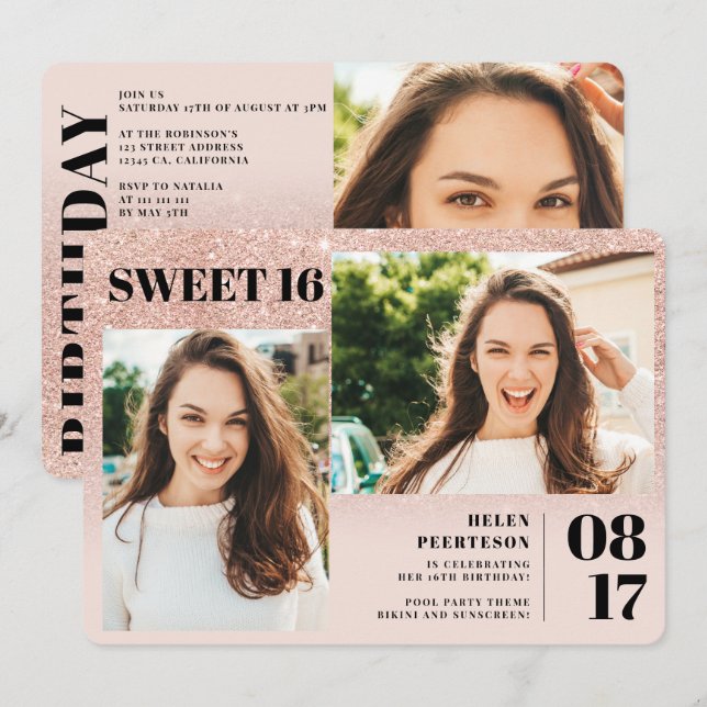 Rose Gold Glitzer erröten 3 Fotos Sweet 16 Geburts Einladung (Vorne/Hinten)
