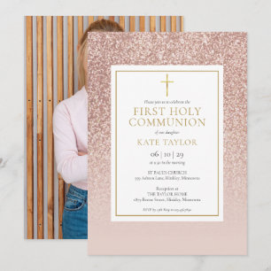 Rose Gold Glitzer Erster Heiliger Kommune Foto Einladung