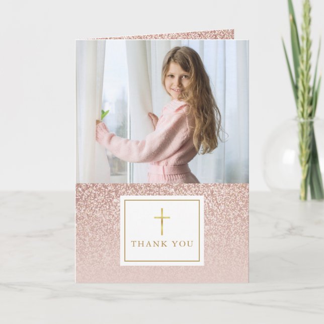 Rose Gold Glitzer Erstes Foto der Heiligen Kommune Dankeskarte (Vorderseite)