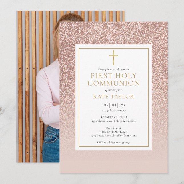 Rose Gold Glitzer Erstes Foto der Heiligen Kommune Einladung (Vorne/Hinten)