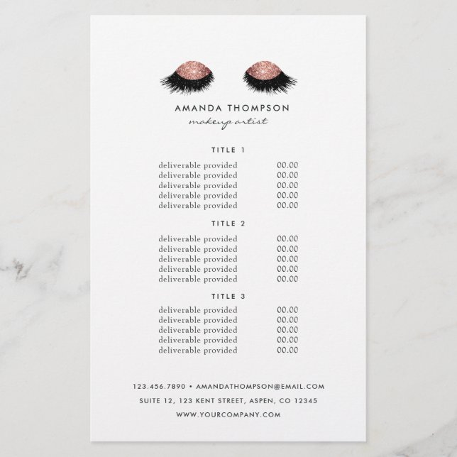 Rose Gold Glitzer Eyes Preise & Services Flyer (Vorne)