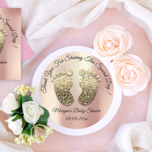 Rose Gold Glitzer Feet Baby Dusche Danke Runder Aufkleber (Rose Gold Glitter Feet Baby Shower Favor Thank Classic Round Sticker)