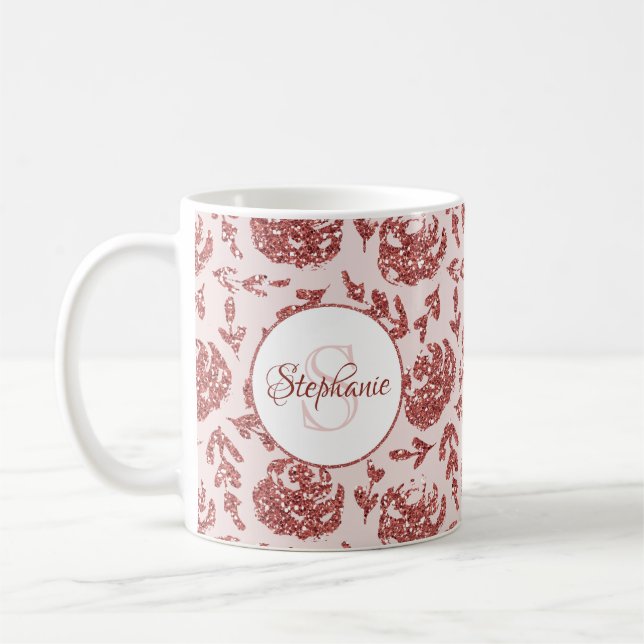 Rose Gold Glitzer Floral Monogram Kaffeetasse (Links)