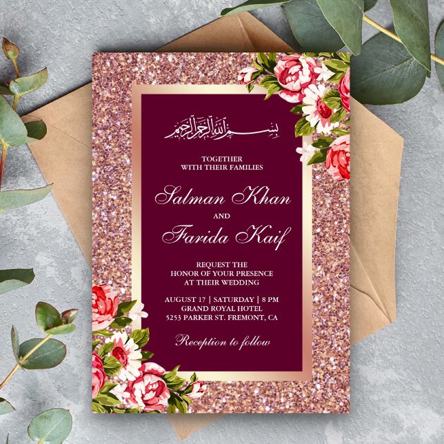 Rose Gold Glitzer Floral Pink Islamische Muslime Einladung (Von Creator hochgeladen)