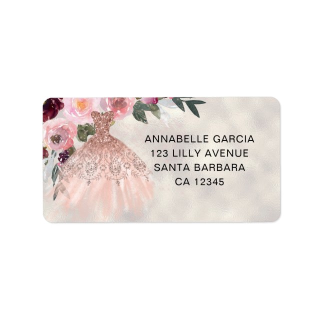 Rose Gold Glitzer Floral Quinceñera Adressaufkleber (Vorne)