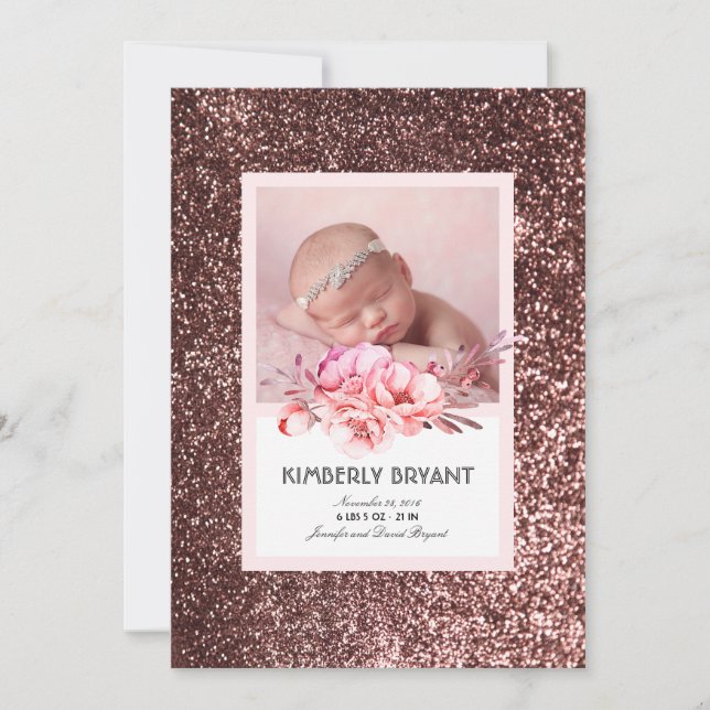 Rose Gold Glitzer Floral Sweet Baby Girl Birth Ankündigung (Vorderseite)