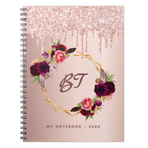 Rose Gold Glitzer Florals Monogramm Bordeaux Notizblock