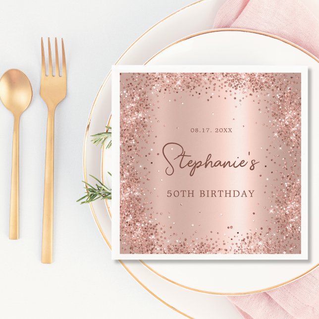 Rose Gold Glitzer Foil 50th Birthday Monogram Serviette (Von Creator hochgeladen)