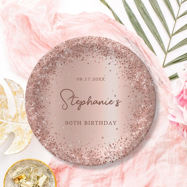 Rose Gold Glitzer Foil 90th Birthday Monogram Pappteller (Von Creator hochgeladen)