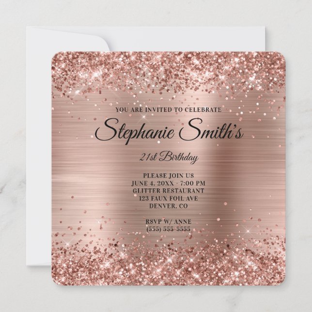 Rose Gold Glitzer Foil Monogram 21. Geburtstag Einladung (Vorderseite)