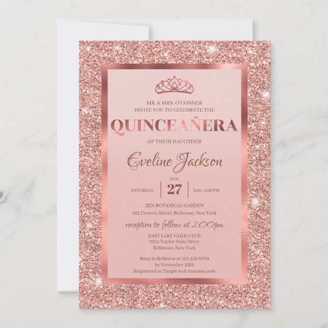 Rose Gold Glitzer Folie Prinzessin Tiara quinceane Einladung (Vorderseite)